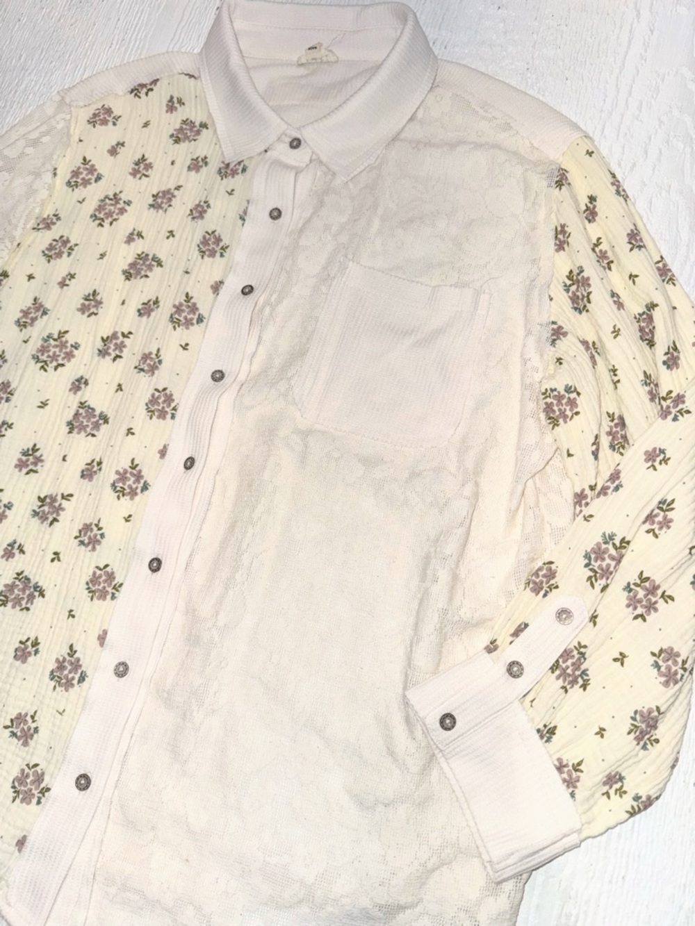 POL Romantic Floral Blouse Mixed Media Button Down Whimsical Spring Layering - Picture 6 of 11